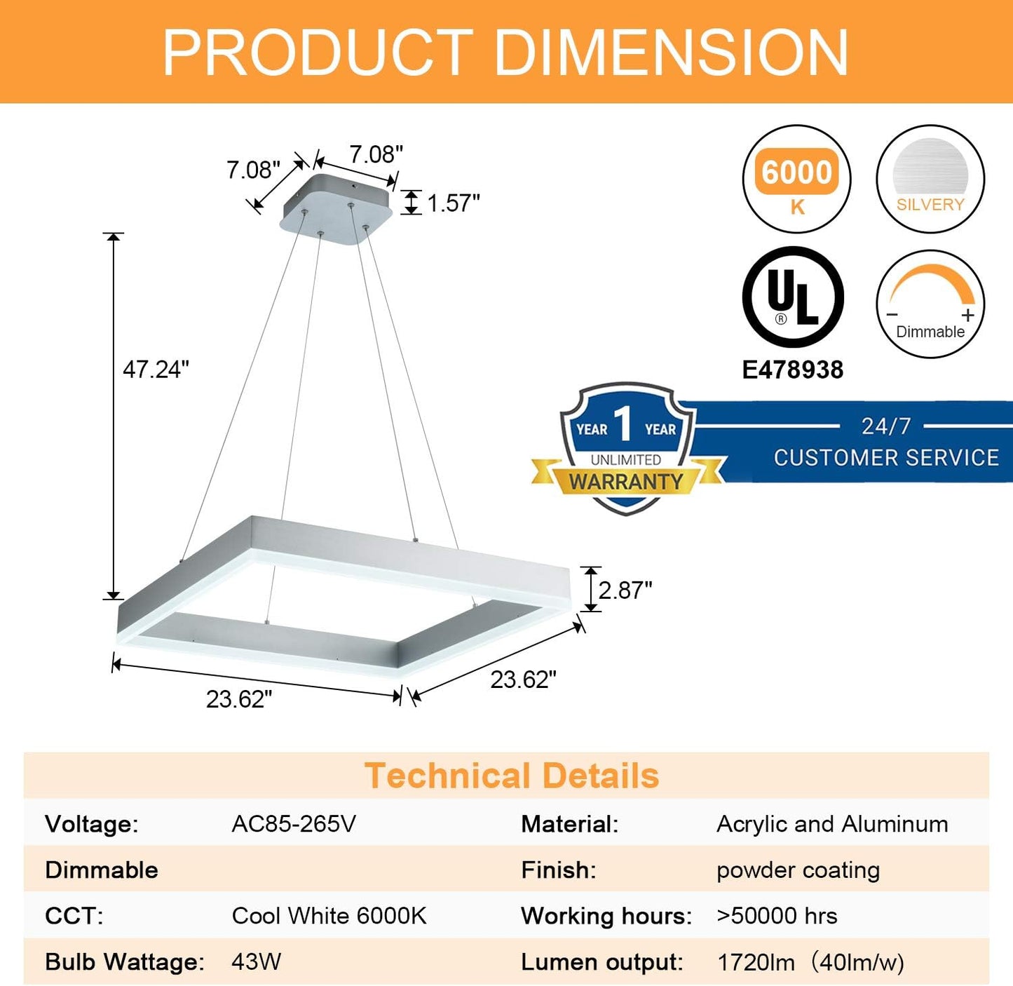 Room Decor Modern Chandelier Square LED Chandelier Dimmable Comtemporary LED Pendant Light Foyer Chandelier for Dining Room Kitchen Office, Cool White 6000K Silver