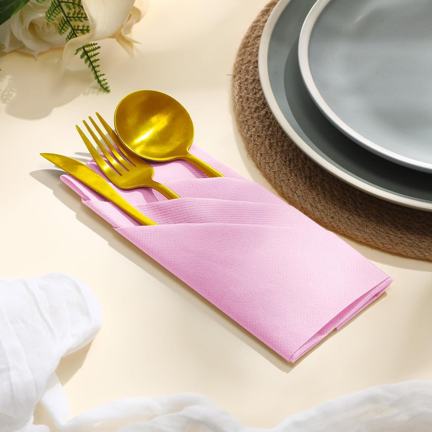 Qilery 50 Pcs Paper Linen Napkins Disposable Airlaid Paper Prefolded Dinner Napkins with Built in Flatware Pocket for Silverware Valentine Wedding Party Christmas Day (Pink)