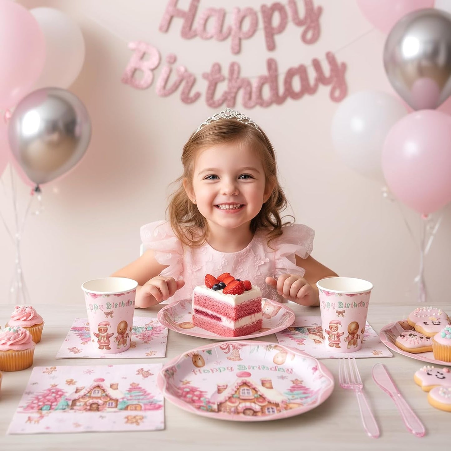 144 Pcs Pink Gingerbread Christmas Party Supplies, Disposable Dinnerware Set with Plates, Cups, Napkins for Holiday Gingerbread House Decorations, Serves 24 Guests