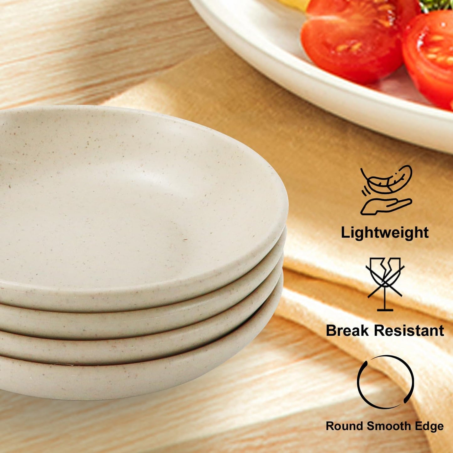 4 Inch Wheat Straw Plates 8 Pieces, Lightweight and Unbreakable Dipping Bowls, Small Soy Sauce Dishes, Small Serving Bowls for Side Dishes, Condiment, Appetizer (Beige)