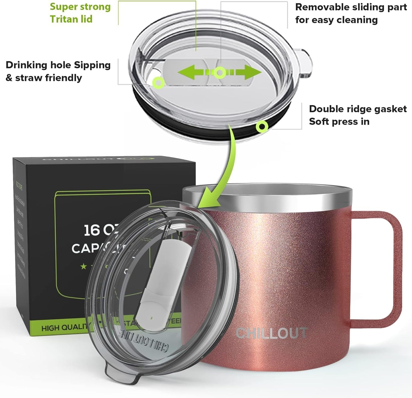 CHILLOUT LIFE Stainless Steel 16 oz (Set of 2) - Vacuum Insulated Coffee Mug with Handle and Lid, Large Thermal Camping Coffee Mug Cup with Durable Sliding Lid for Women - Rose Gold