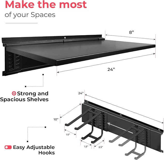 TIDYME Heavy-Duty Garage Wall Storage System | Wall Mounted Tool Organizer Rack with Shelving | 12-Piece Mounting Kit | 6x10” Double-Layered Hooks & 2x24” Floating Utility Shelves