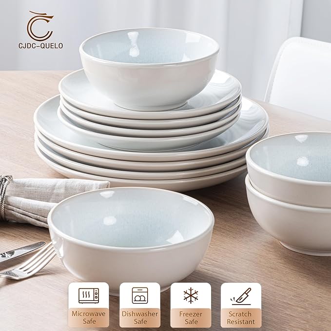 Plates and Bowls Sets for 4 - CJDC-QUELO 12-Piece Stoneware Dinnerware Sets, Ceramic Dishware Set for Kitchen Use and Formal Dining, Chip and Scratch Resistant Microwave Dishwasher Safe, Off White