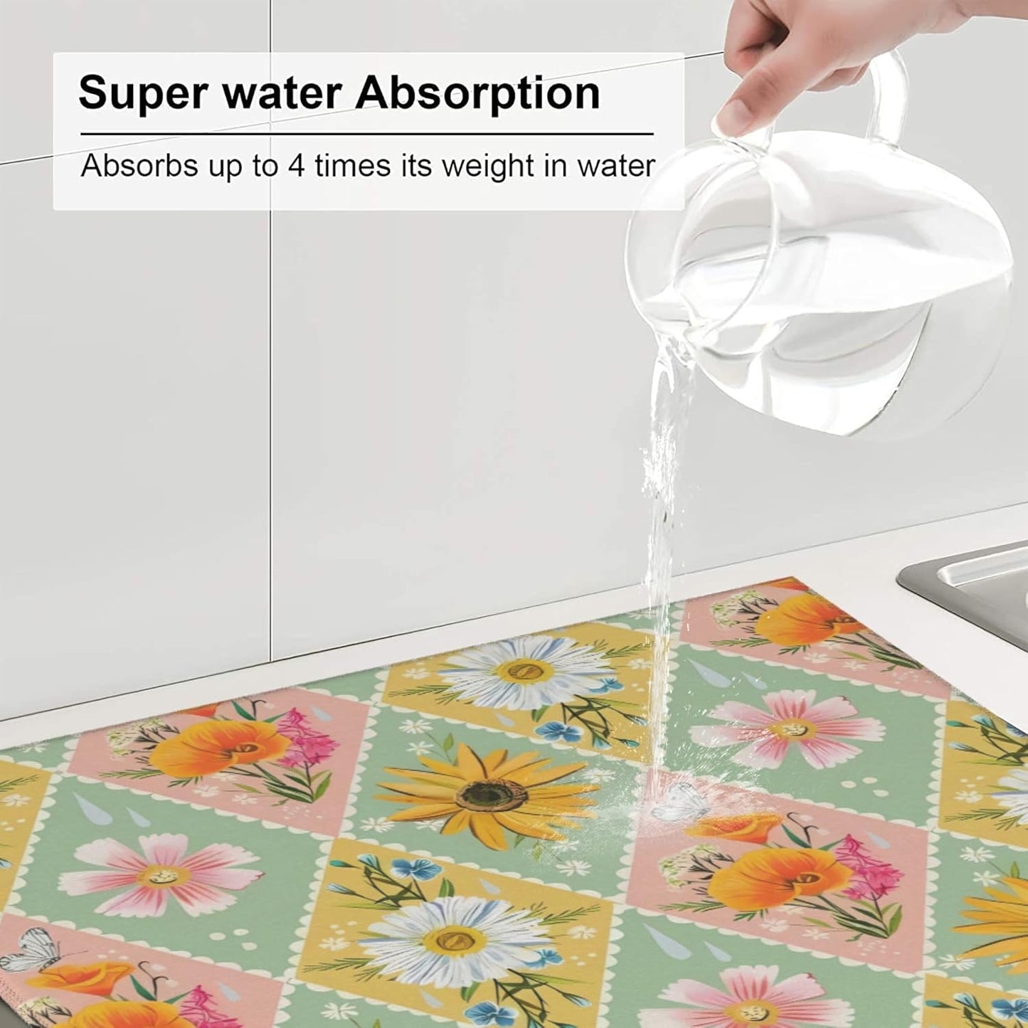 Daisy Flowers Dish Drying Mat 16x18 Inch, Microfiber Absorbent Fast Dry Mat Floral Large Dish Mat Drying Kitchen Mat, Kitchen Drying Pad for Kitchen Counter Coffee Bar Decor Gifts