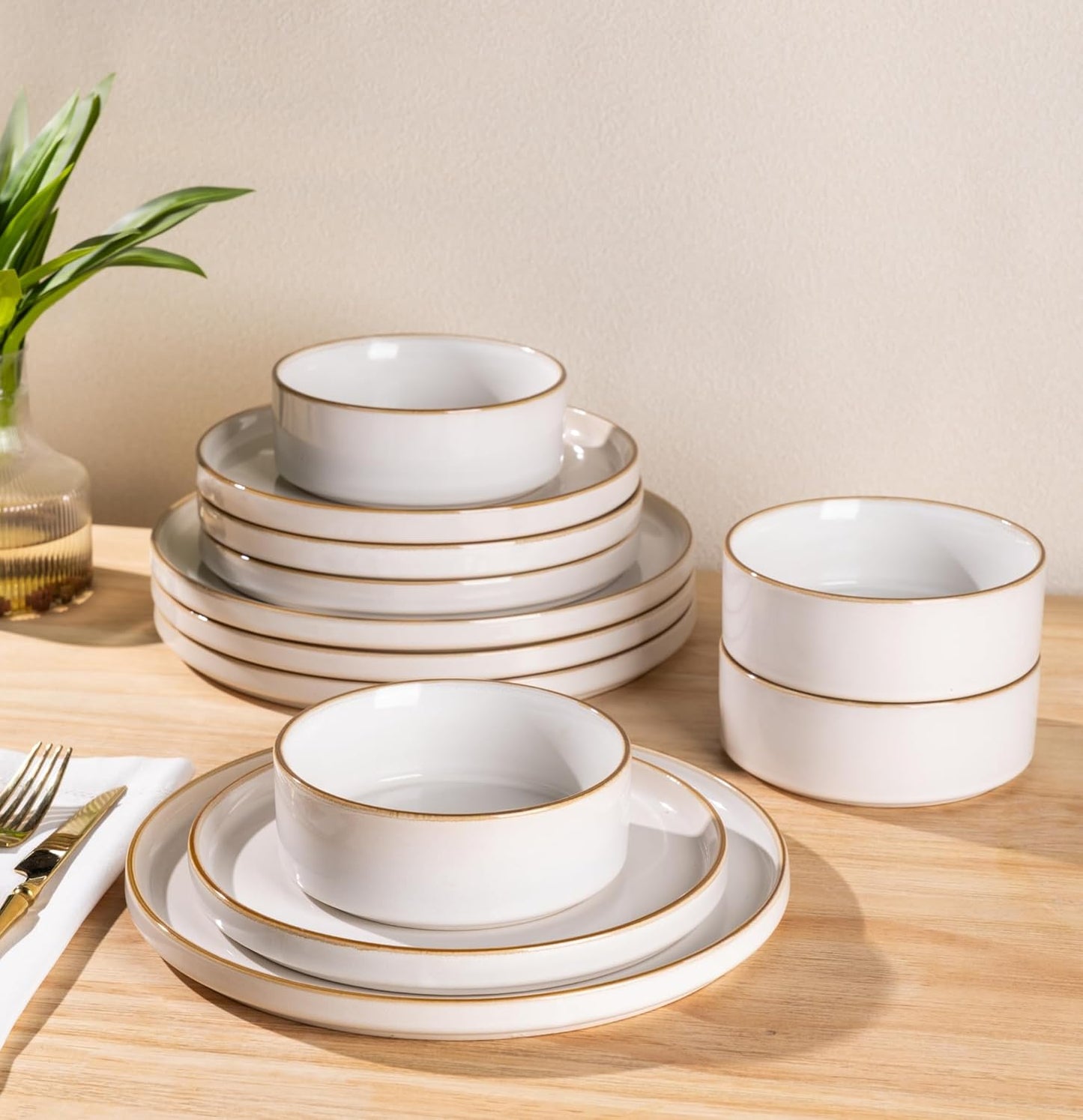 GBHOME Ceramic Dinnerware Sets for 4, 12 Pieces Stoneware Plates and Bowls Sets, Reactive Glaze Dishes -Scratch Resistant, Dishwasher&Microwave Safe-Pearl White