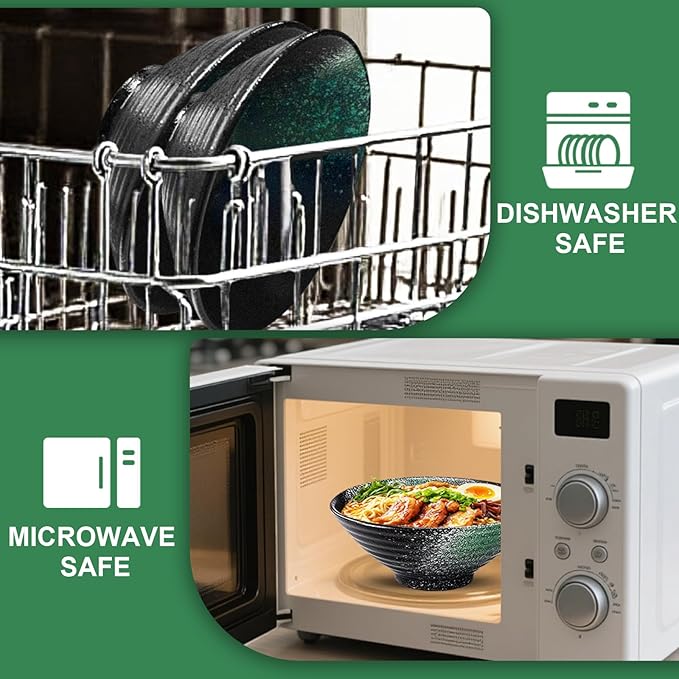 9.4Inch Ceramic Ramen Bowl Set of 4 (17 Piece) - Porcelain Japanese Salad Noodles Cereal Fruit Pasta Soup Large Bowls with Recipes Chopsticks Forks Spoons for Men Women Gift Microwave Dishwasher Safe