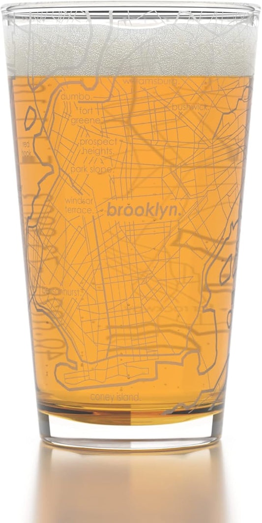 Well Told Engraved Brooklyn New York Map Pint Glass, Etched Beer Gift (16 oz, Clear) City Map Pint, Custom City Glassware, Gifts For Beer Lovers