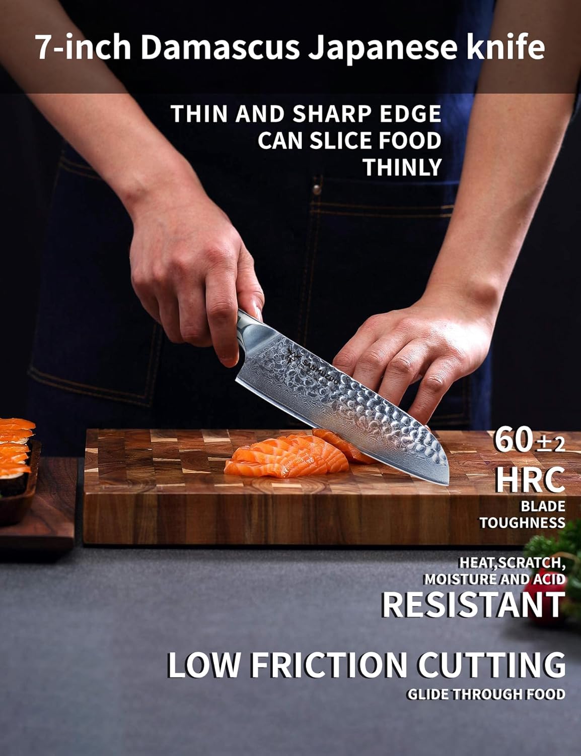 7" Santoku Knife - Japanese Chef Knife - Hammered Damascus Steel & Resin Handle - YAO Series