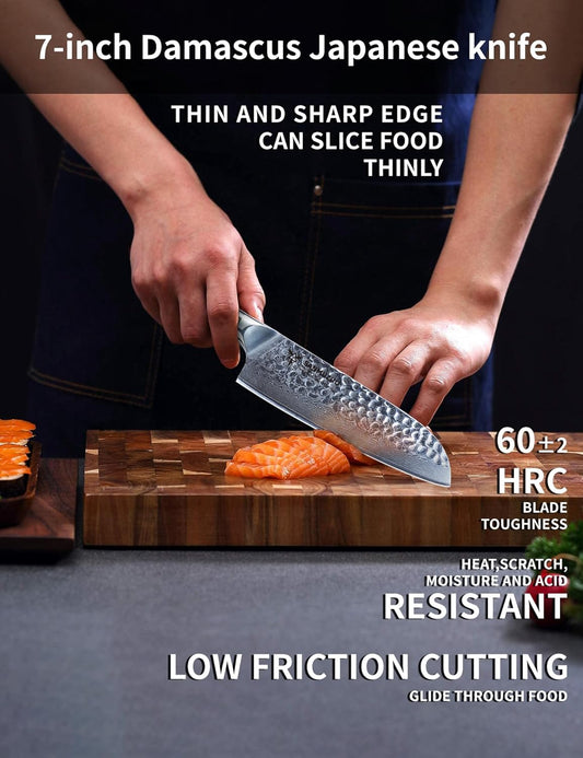 7" Santoku Knife - Japanese Chef Knife - Hammered Damascus Steel & Resin Handle - YAO Series