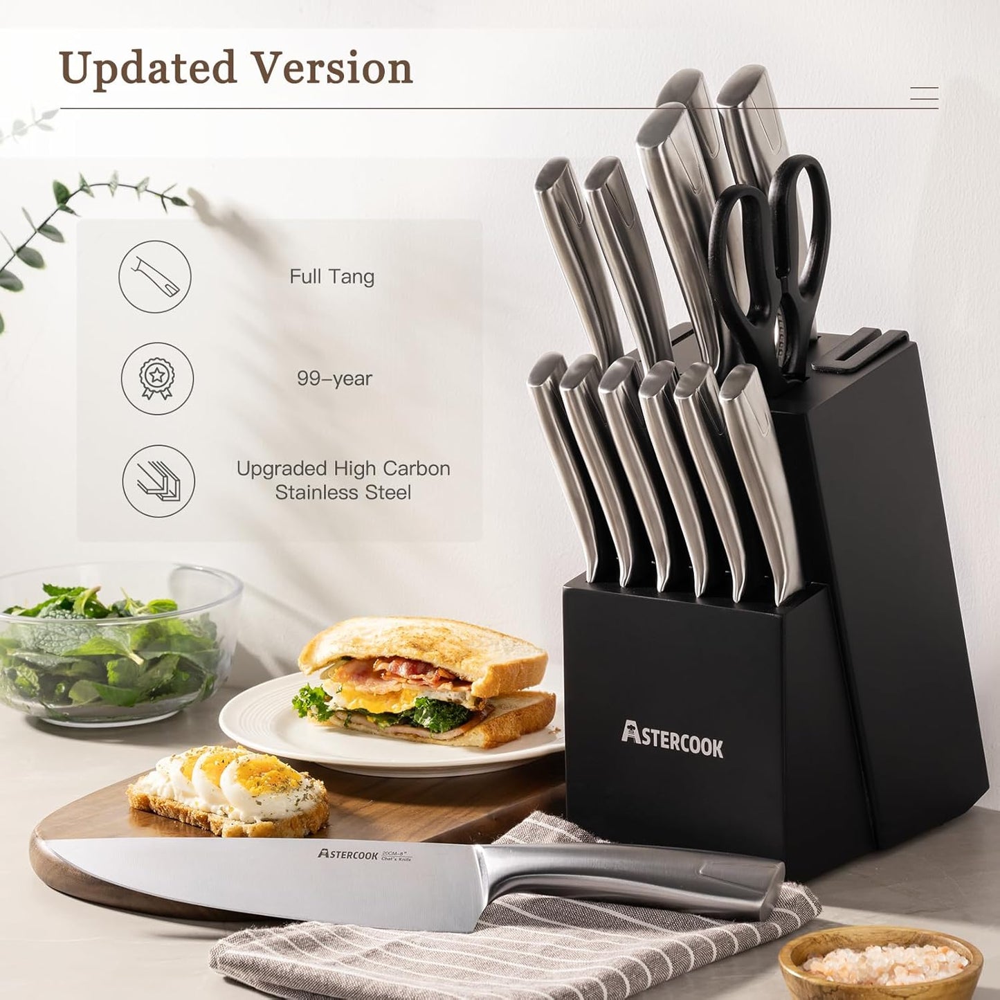Astercook Knife Set Kitchen with Block and Sharpener Full Tang 15 Pcs Premium Stainless Steel Knives Dishwasher Safe Utensils Set with Ultra Sharp Blade and Anti-slip Ergonomic Handle, Elegant Black