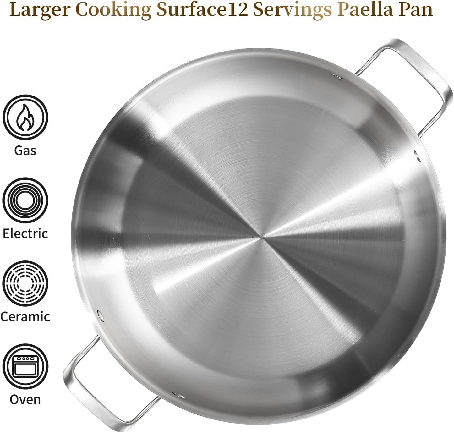 DELARLO Paella Pan 14 Inch Tri-Ply Stainless Steel Paella Pan with Lid, Jumbo Frying Pan, kitchen Induction Large Skillets,Great for Paella Parties Indoors Outdoors,Heavy Duty Style