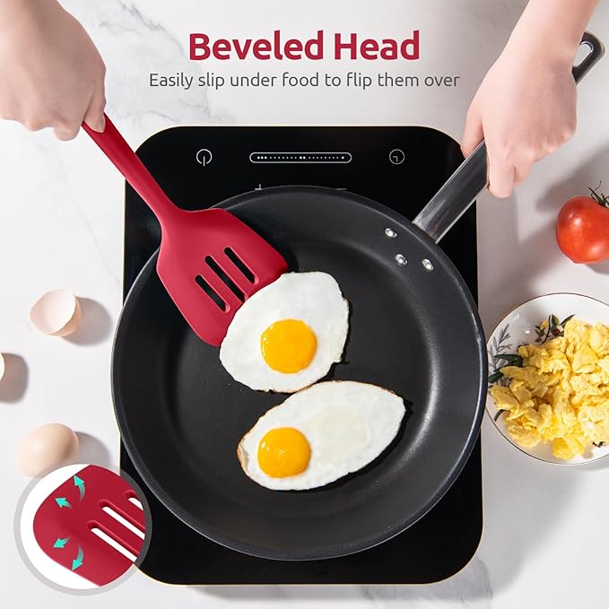 600ºF Heat Resistant Slotted Turner: U-Taste 13.6in Silicone Kitchen Spatula Flipper, 3.74in Wide Food Grade Flexible Thin Rubber Cooking Utensil for Egg, Pancake, Cookie in Nonstick Cookware (Red)