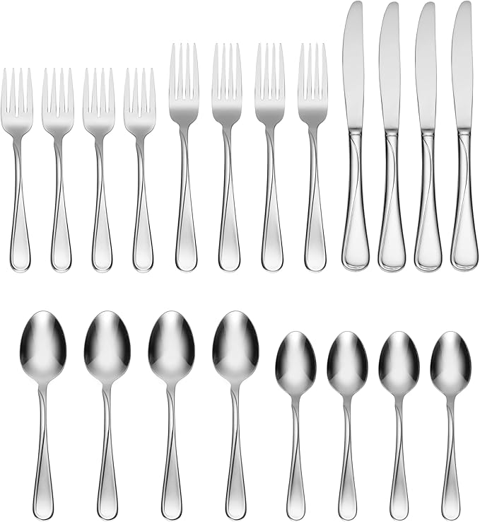 Oneida Silverware Set For 4, Flight 20-Piece Everyday Flatware Set, Service For 4, 18/0 Stainless Steel, Swirl, Mirror Finish, Dishwasher Safe, Knives Spoons and Forks Set, Dining (Silver, 20 Pieces)