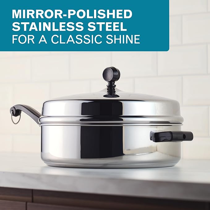 Farberware Classic Series Anniversary Edition Stainless Steel Sauté Pan and Lid with Helper Handle, Induction Suitable, 6 Quart Jumbo Cooker, Metal Utensil Safe - Stainless Steel