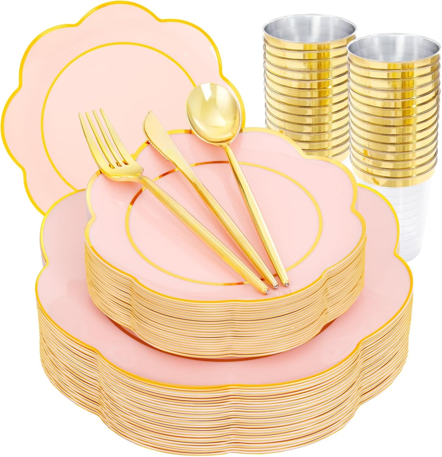 EI 180pcs Pink Plastic Plates with Gold Plastic Silverware,Heavy-Duty Disposable Plates for Party,White Dinnerware Set for 30 Guest Wedding,Birthday