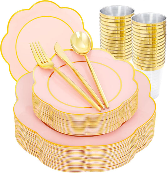 EI 180pcs Pink Plastic Plates with Gold Plastic Silverware,Heavy-Duty Disposable Plates for Party,White Dinnerware Set for 30 Guest Wedding,Birthday
