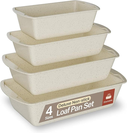 Nonstick Loaf Pan Set Pack of 4, 7" to 11" Large Baking Bread Pan, Oven Safe Up to 450°F, PFOA, PFOS, PTFE Free, Space Saving Stackable Design, Stain Resistant, Dishwasher Friendly, White Marble