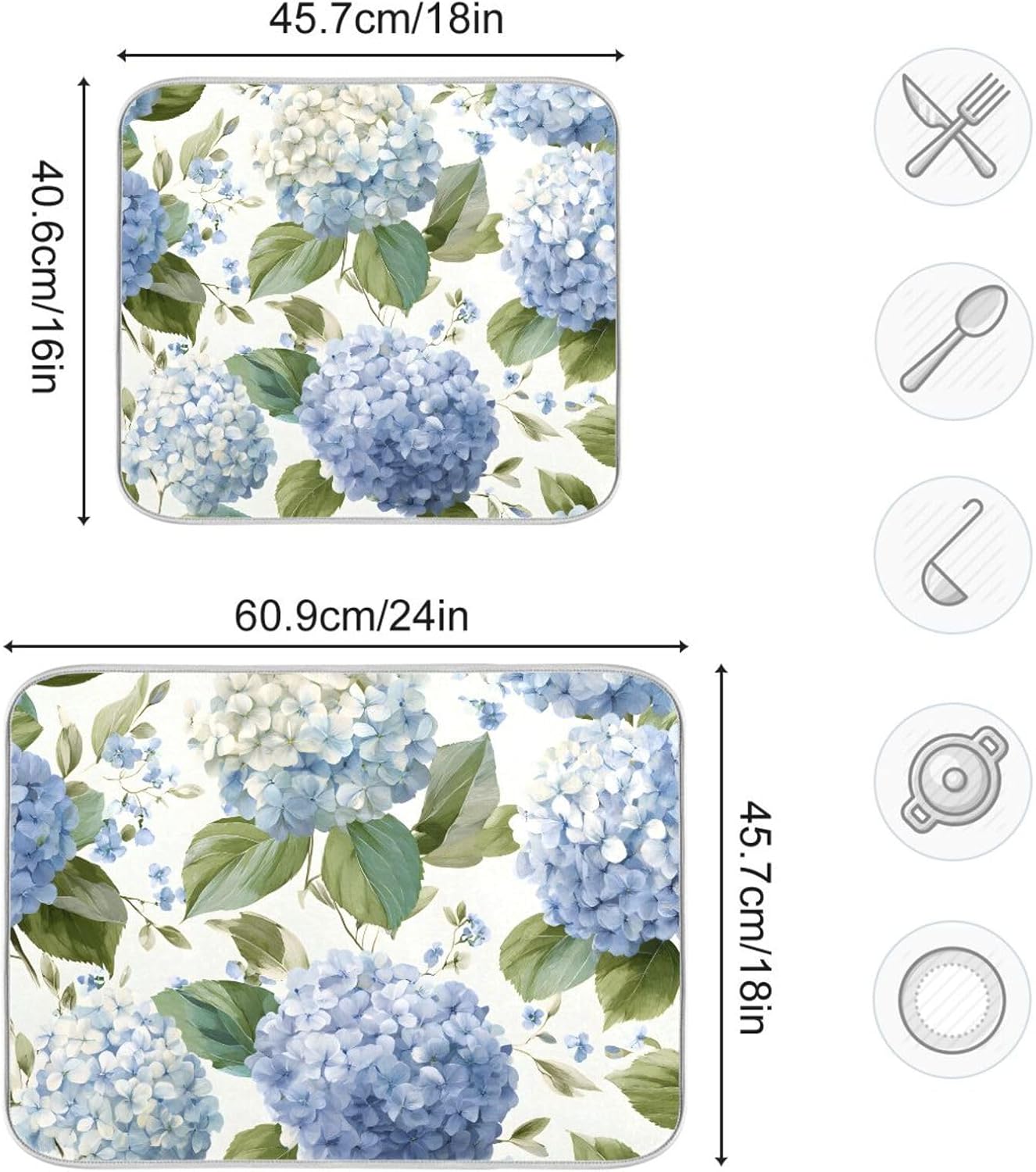 Watercolor Hydrangeas Dish Drying Mat Super Absorbent Drying Mat 18x24 inch Large Dish Drying Mats for Kitchen Counter Dish Drying Pads Kitchen Drying Matt for Countertop