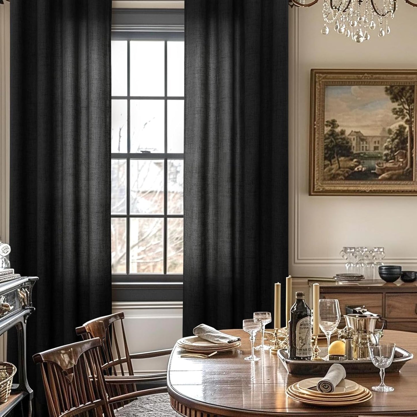 YoungsTex Black Linen Curtains 63 Inches Length for Living Room, Semi Sheer Drapes with Bronze Grommet Light Filtering Privacy for Bedroom Gothic Decorative, 42 x 63 Inch, 2 Panels