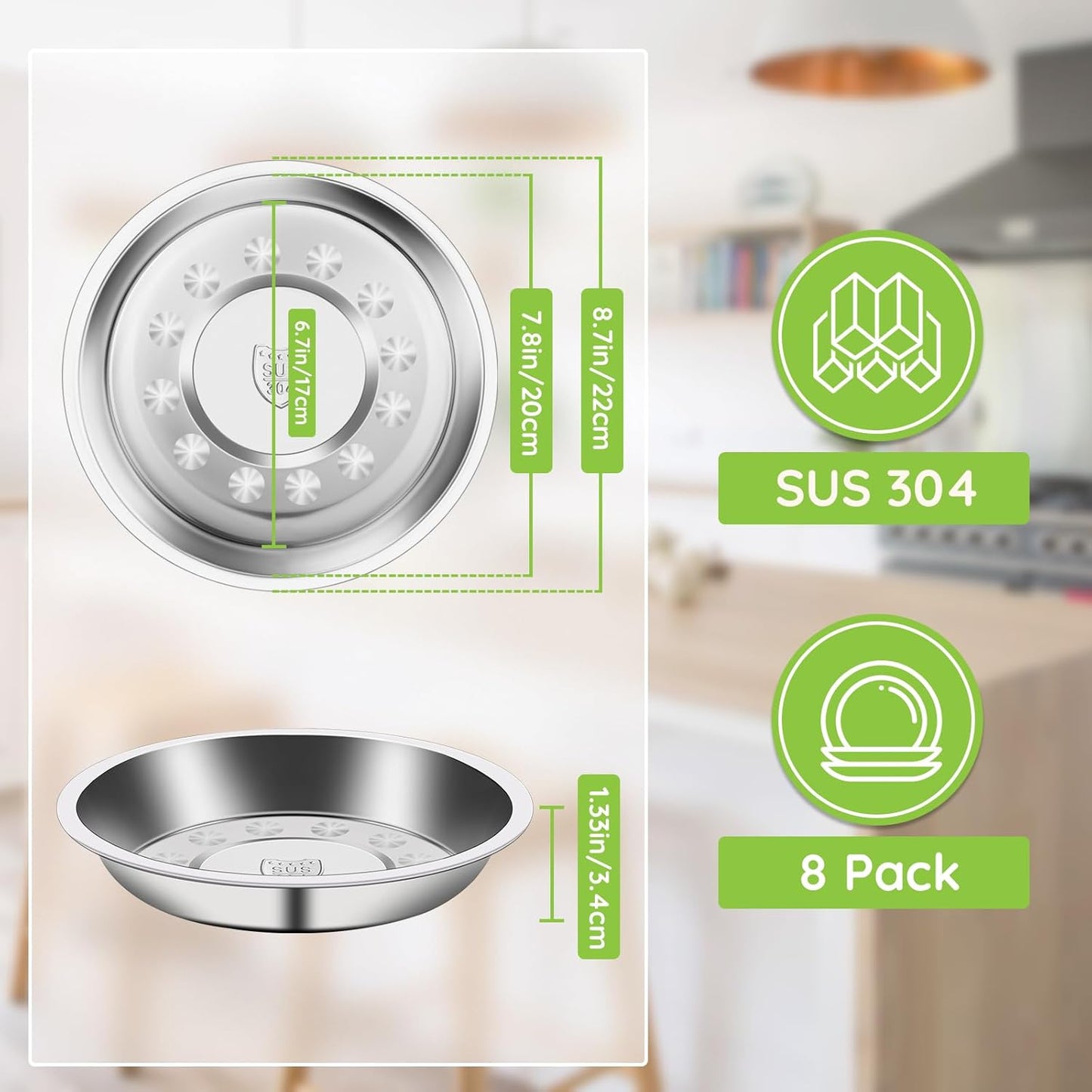 8 Patterned Deep Stainless Steel Plates, 7.8 inch 304(18/8) Metal Camping Plate, Reusable Food Serving Snack Eating Dishes Round Shatterproof Silver BBQ Dinner Dinnerware Oven Dishwasher Safe