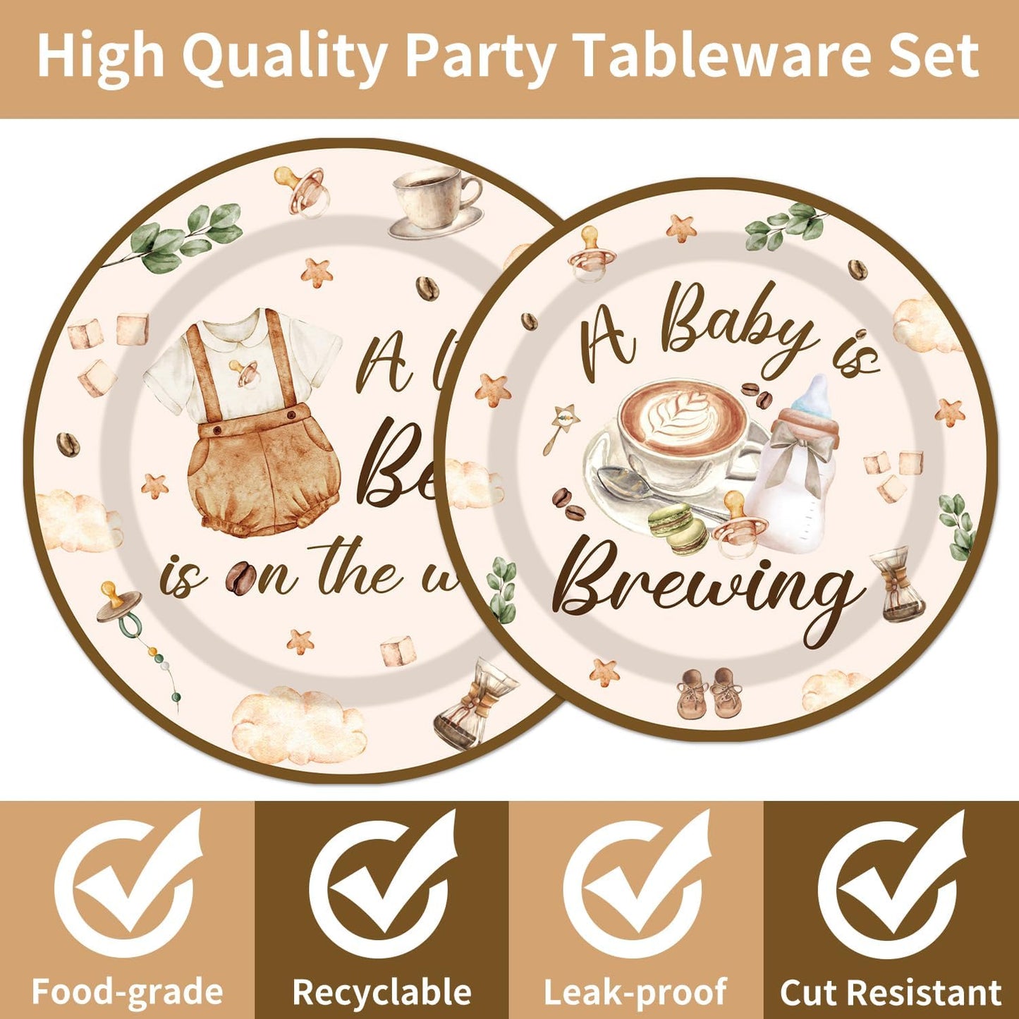 96Pcs Coffee Theme Baby Shower Tableware Set - A Baby Is Brewing Paper Plates Napkins Forks A litte Bean Is On The Way Gender Reveal Party Supplies Serve 24 Guests