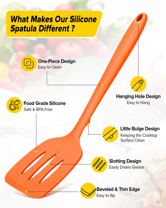 Pack of 2 Silicone Spatula Turners, Non Stick Slotted Kitchen Spatula Set, Heat Resistant BPA Free Kitchen Utensils, One-Piece Design, Suitable for Flipping Fish, Eggs, Steak, Pancakes (ORANGE)
