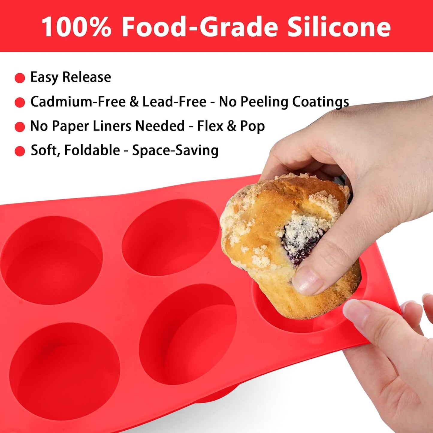 3-Pack Jumbo 6-Cup Silicone Muffin Pan - Non-Stick Baking Mold for Cupcakes, Muffin Cupcake Pans Molds for Baking, Cornbread, Eggs - Red