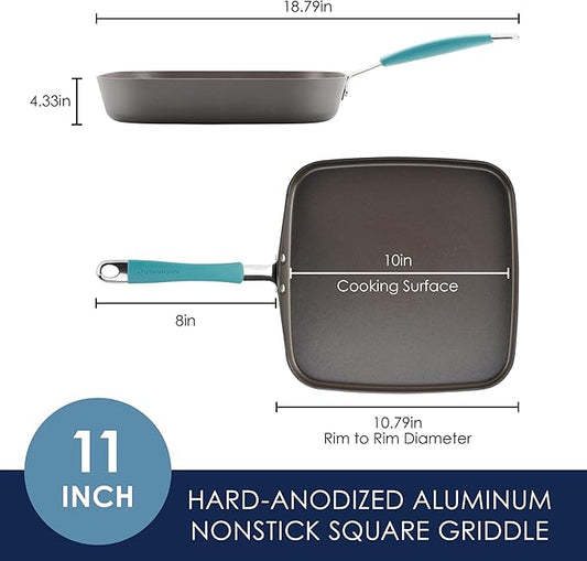 Rachael Ray Cucina Hard Anodized Nonstick Griddle Pan/Flat Grill, 11 Inch, Gray with Agave Blue Handle