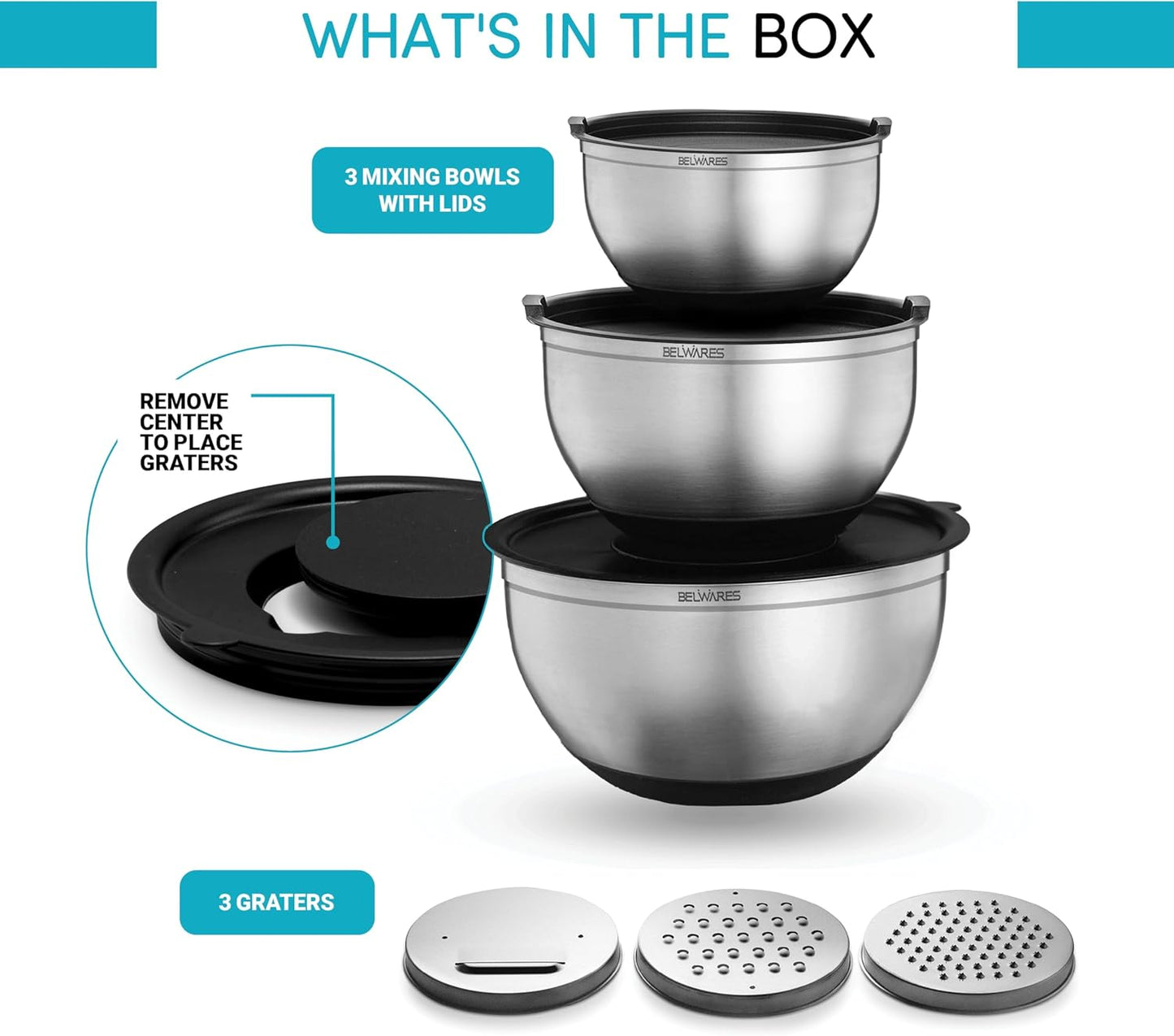 Belwares Mixing Bowls with Lids Set - Nesting Bowls with Graters, Handle, Pour Spout, Airtight Lids - Stainless Steel Non-Slip Mixing Bowl for Cooking, Baking, Prepping, Food Storage (Set of 3)