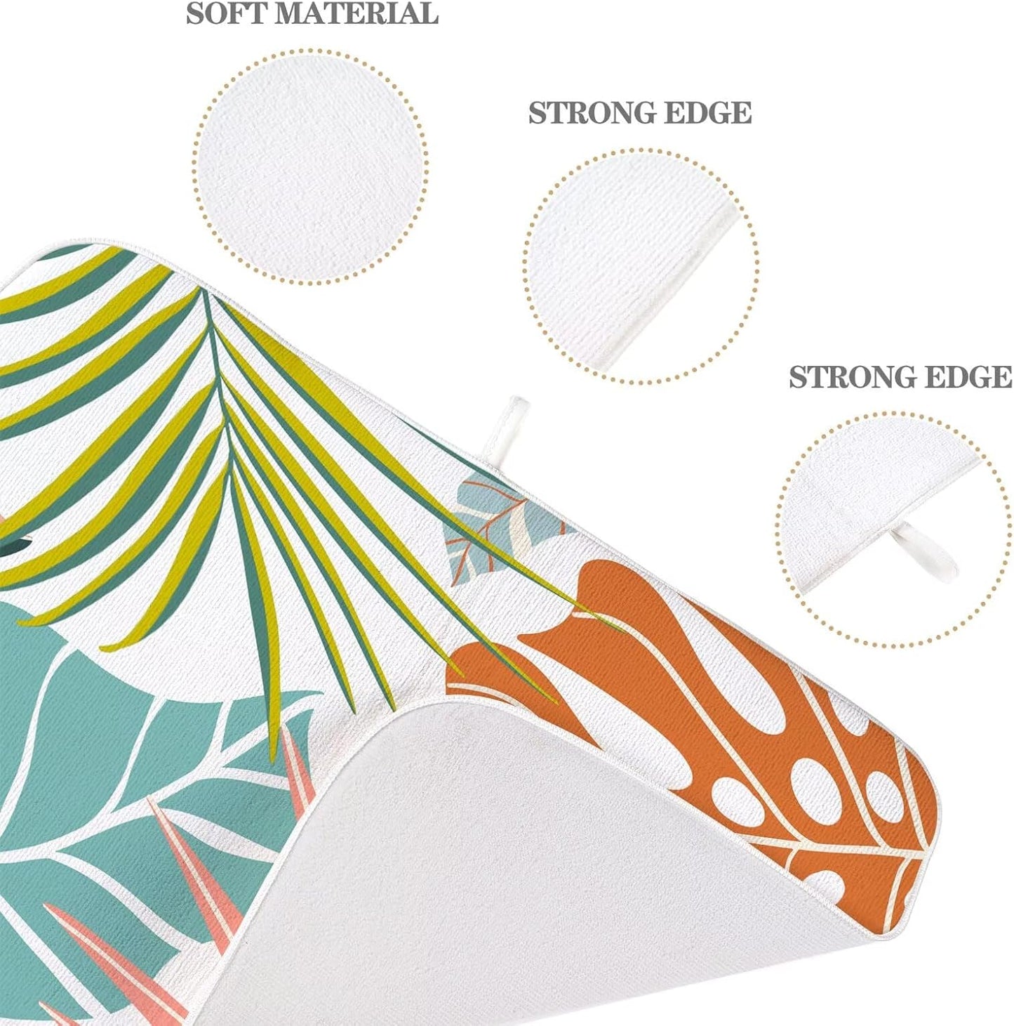 Summer Palm Leaf Dish Drying Mat 18 x 24 inch, Green Coral Tropical Leaf Decorative Drying Mats Microfiber Absorbent Dish Washable Draining Mat for Kitchen Counter Decor