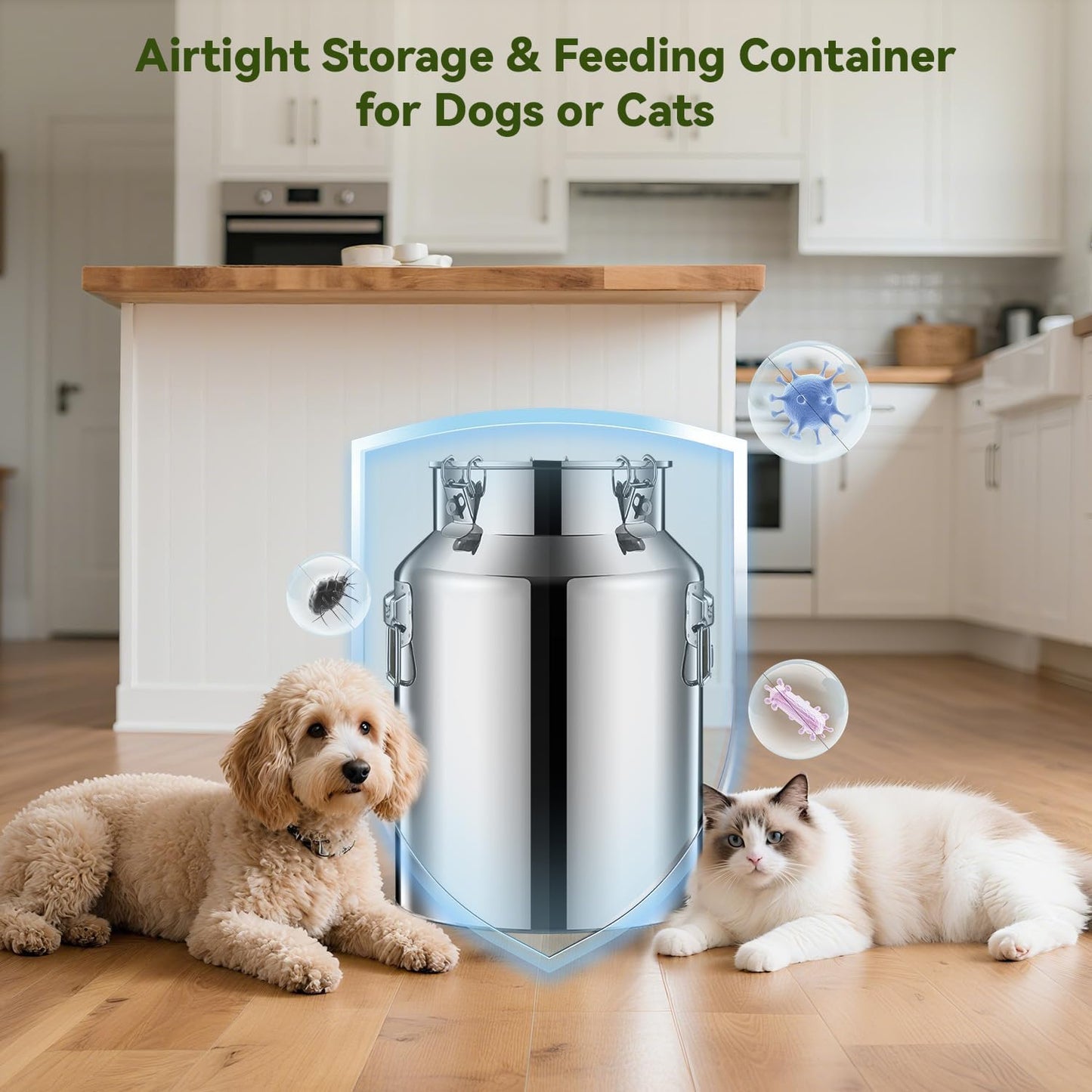 16lb Stainless Steel Dog Food Storage Container, Metal Pet Storage Container with Airtight Hangable Lid to Keep Food Fresh, Large Cat Food Storage Container with Scoop to Easily Clean