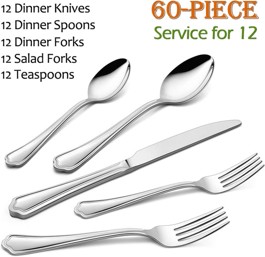 60-Piece Silverware Set, E-far Stainless Steel Flatware Cutlery Set Service for 12, Metal Tableware Eating Utensil Set, Dinner Knives/Forks/Spoons, Scalloped Edge & Mirror Polished - Dishwasher Safe