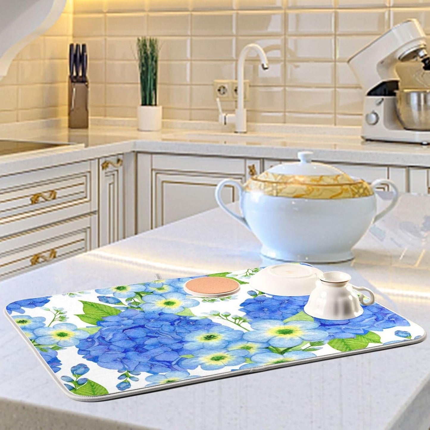 Watercolor Hortensia Blue Flowers Dish Drying Mat Super Absorbent Drying Mat 16x18 inch Large Dish Drying Mats for Kitchen Counter Dish Drying Pads Kitchen Drying Matt for Countertop
