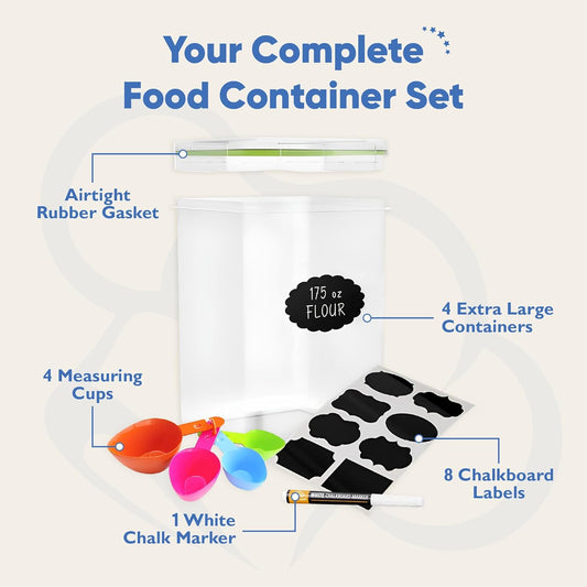 Chef's Path Kitchen Storage Box Set of 4 Extra Large Airtight Food Storage Jars for Sugar Flour Cereal Rice - Measuring Spoons, Pen and Food Preservation Labels (5.2 L)