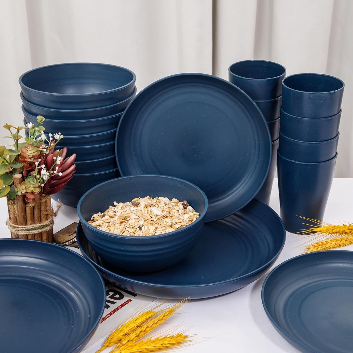 Supernal Wheat Straw Dinnerware Sets, Tableware Set for 8, Plates and Bowls Sets, Reusable Dinnerware Set, Microwave Dishwasher Safe, Blue Plastic Dinnerware Sets 16pcs Plates, 8pcs Bowls, 8pcs Cups