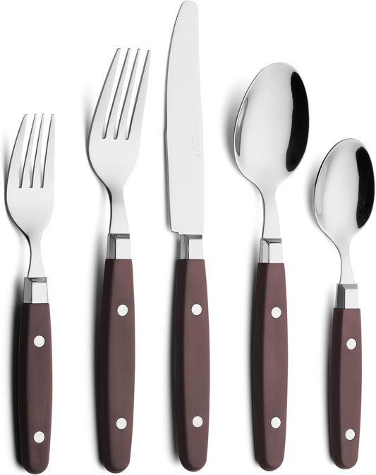 ANNOVA Silverware Set, Retro/Rivet Colorful Stainless Steel Tableware Kitchen Flatware Set Utensils, Includes Dinner Knives, Forks, Spoons, Salad Forks & Dessert Spoons (Chocolate Brown, 20 Pieces)