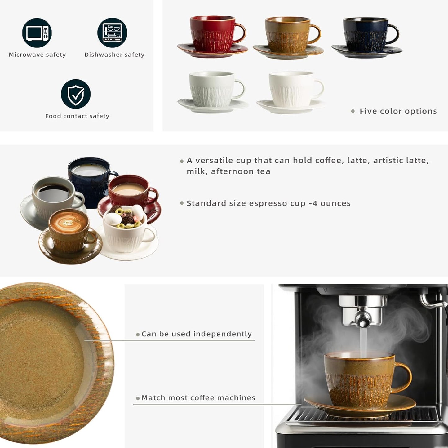 7.4oz Espresso Cups Set of 4 - Ceramic Cappuccino Cups with Saucers - Microwave and Dishwasher Safe, Perfect For Tea, Latte - Porcelain Drinkware for Kitchen or Cafe (brown)