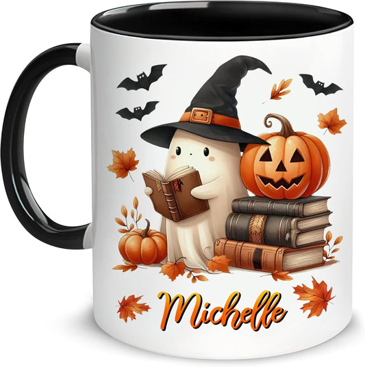 Hyturtle Personalized Cute Ghost Read Book Mug - Book Gifts For Women Lover - Bookish Gift For Bookworm Librarian - Inspirational Librarian Teacher Present - Custom Coffee Cup Ceramic Mug 11 Oz 15 Oz