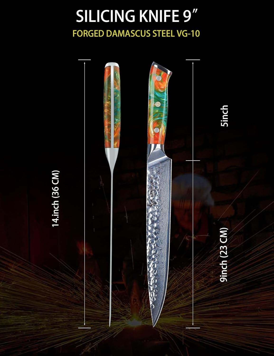 9 Inch Carving Knife, Slicing Knife - Hammered Damascus Steel & Resin Handle - Yao Series