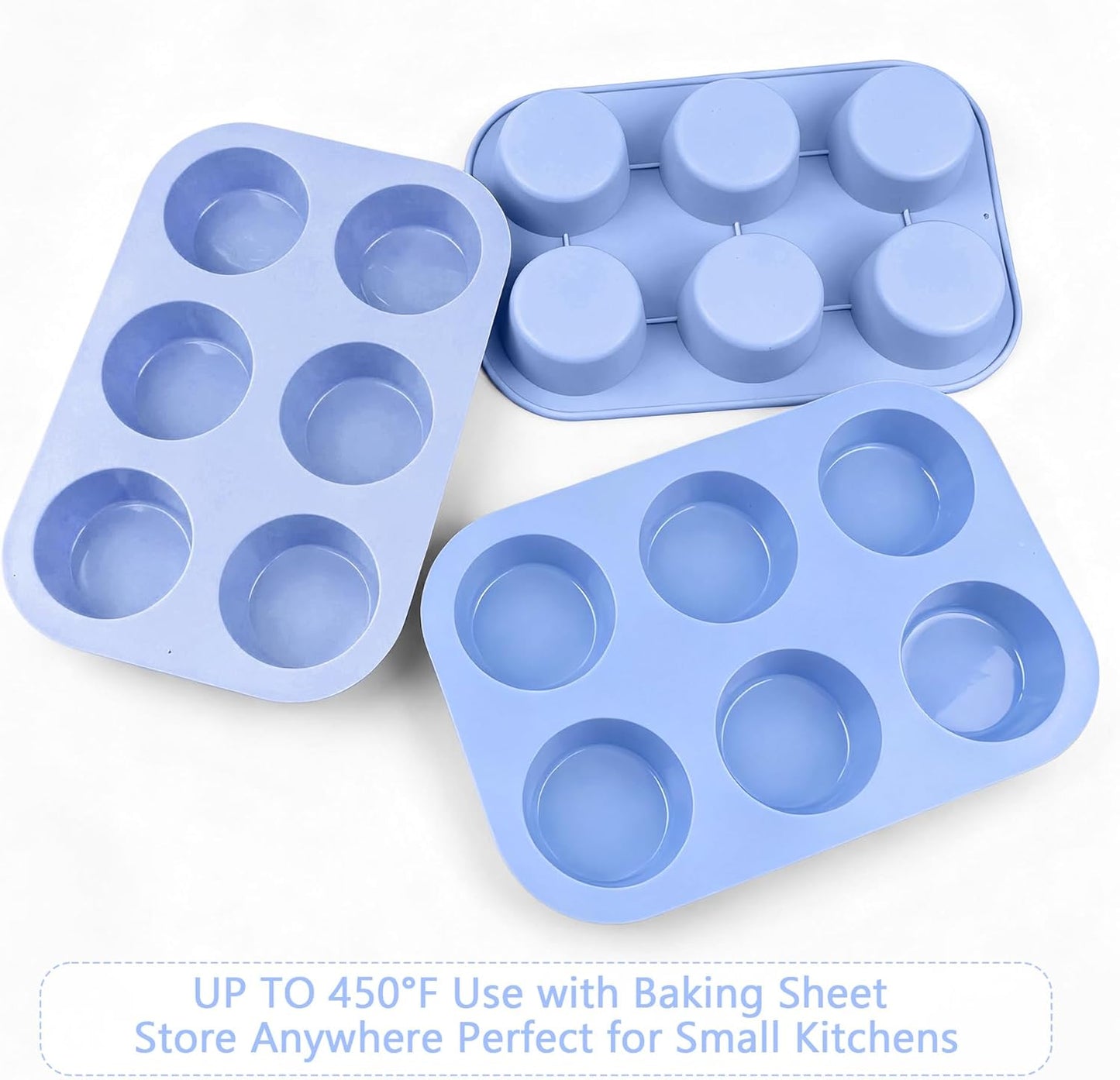 3-Pack 6-Cup Silicone Muffin Pans, Nonstick Cupcake Baking Molds, Muffin Cupcake Pans Molds for Baking, BPA/PFA-Free, Dishwasher & Oven Safe - Blue