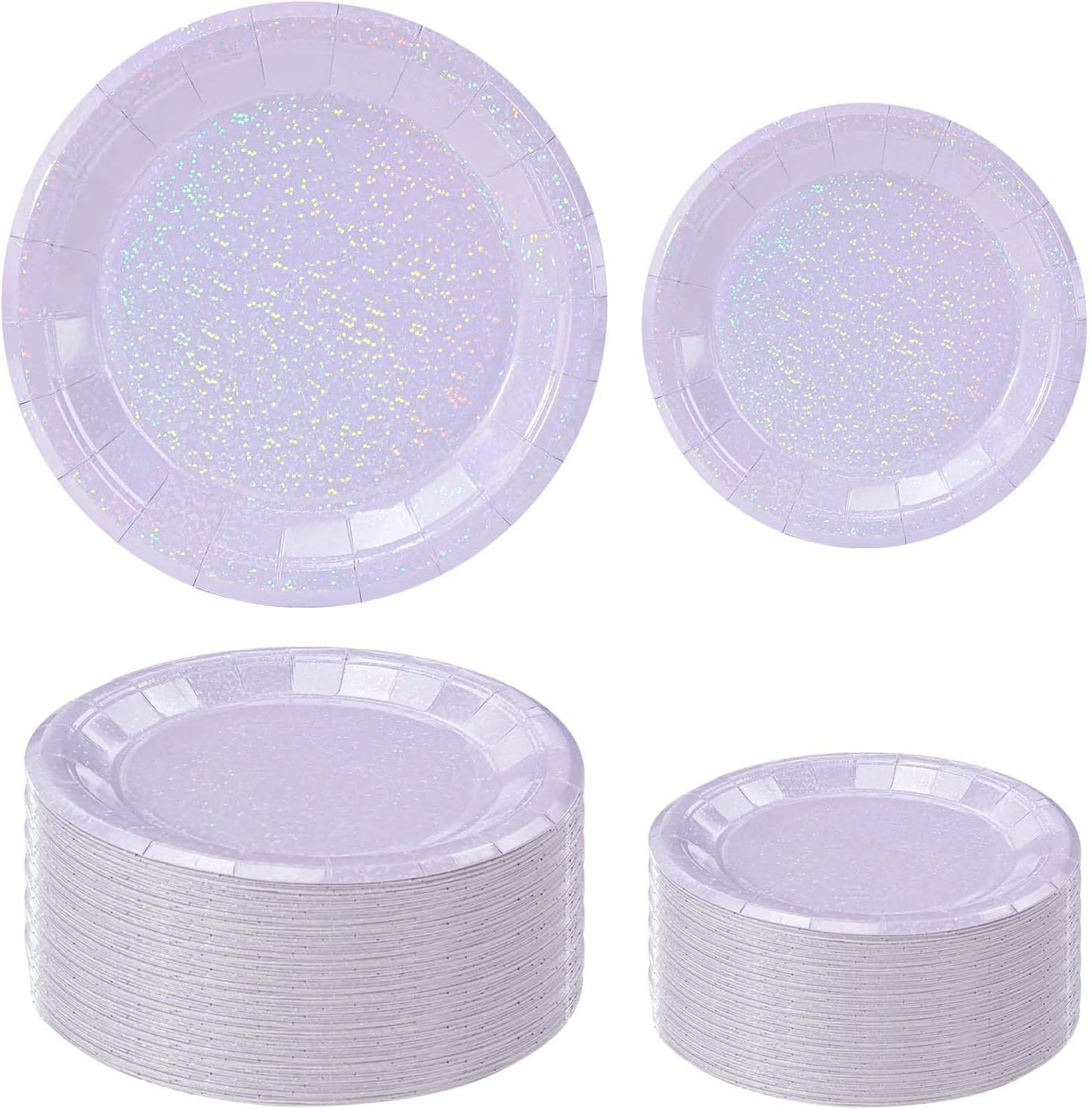 50 Pcs Iridescent Light Purple Paper Plates 25 × 7'' and 25 × 9'' Disposable Lavender Shiny Holographic Foil Dinner Plates for Wedding Baby Shower Birthday Party Glitter Dessert Plate