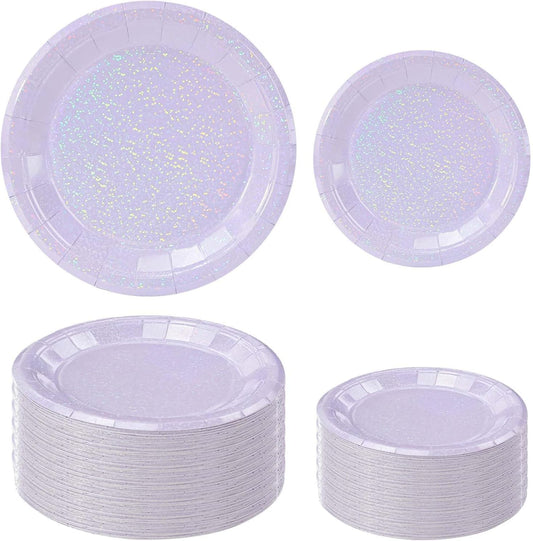 50 Pcs Iridescent Light Purple Paper Plates 25 × 7'' and 25 × 9'' Disposable Lavender Shiny Holographic Foil Dinner Plates for Wedding Baby Shower Birthday Party Glitter Dessert Plate