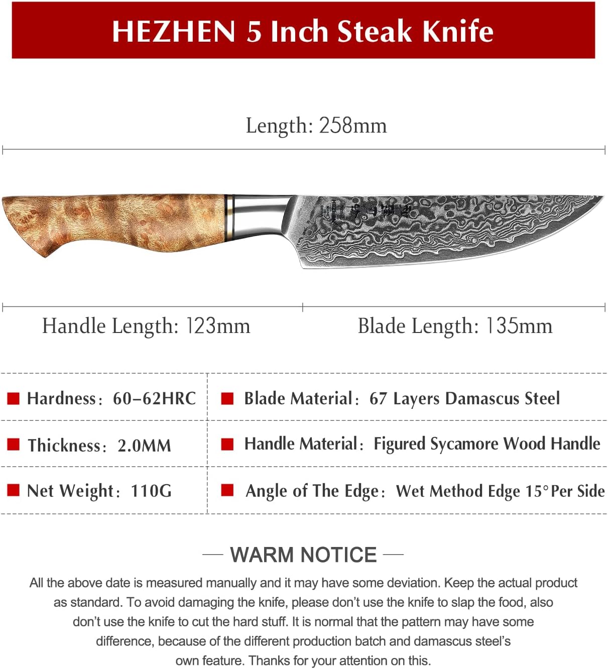HEZHEN 6PCS Kitchen Knife Set Professional Forged Damascus High Carbon Steel Steak Knife Figured Sycamore Wood Handle-Porcelain Gift Package