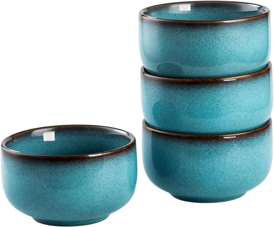 Henten Home Ceramic Salad Bowl Set, 15 OZ Cereal Bowls Set of 4, Porcelain Rice Bowls for Kitchen, Reactive Glaze Serving Soup Bowls for Snack, Pasta, Microwave Safe (Aqua)