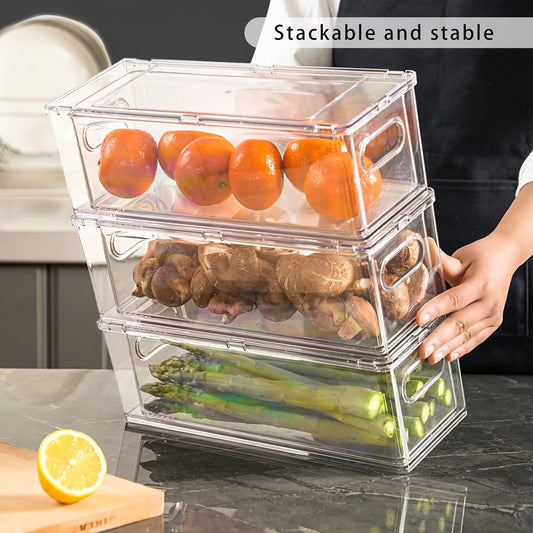 MANO Fridge Drawer Pull Out Stackable Bins with Handle Clear Refrigerator Drawers Organizer Food Storage Container Box Plastic Produce Saver for Pantry, Cabinet, Kitchen, Clothes（4Pack）
