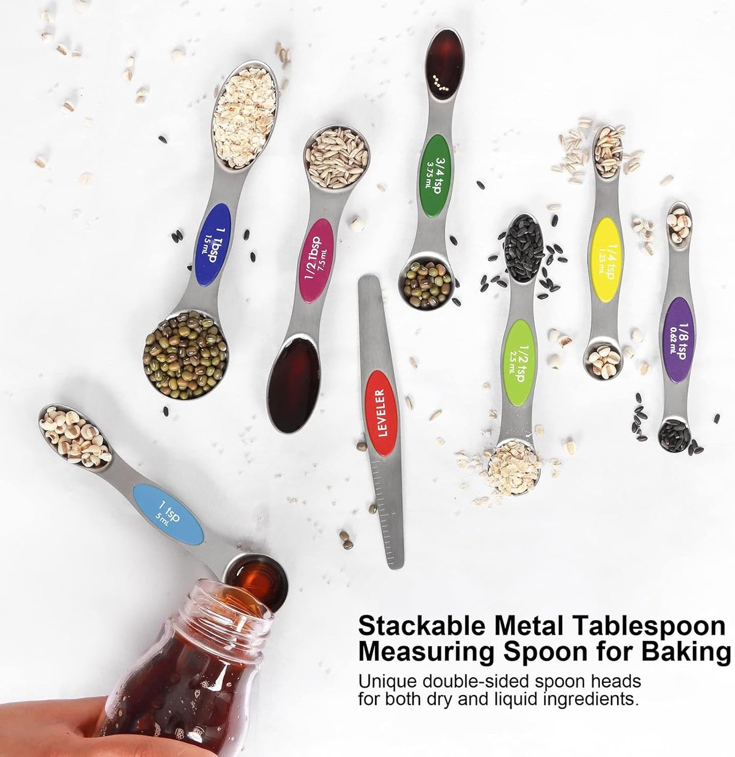 Magnetic Measuring Spoons Set Stainless Steel with Leveler, 8pcs Multicolors Measuring Cups Set for Baking, Measuring Cups and Spoon Set Kitchen Gadgets Apartment Essentials Fits in Spice Jars