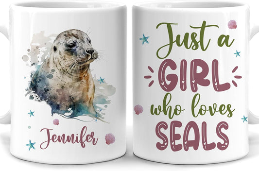 Hyturtle Personalized Gifts Seal Lover - Just A Girl Who Loves Seals Custom Name Ceramic Coffee Mug Cup 11oz - Idea Cute Sea Animal Lover Gifts For Women, Girl Daughter On Birthday, Christmas