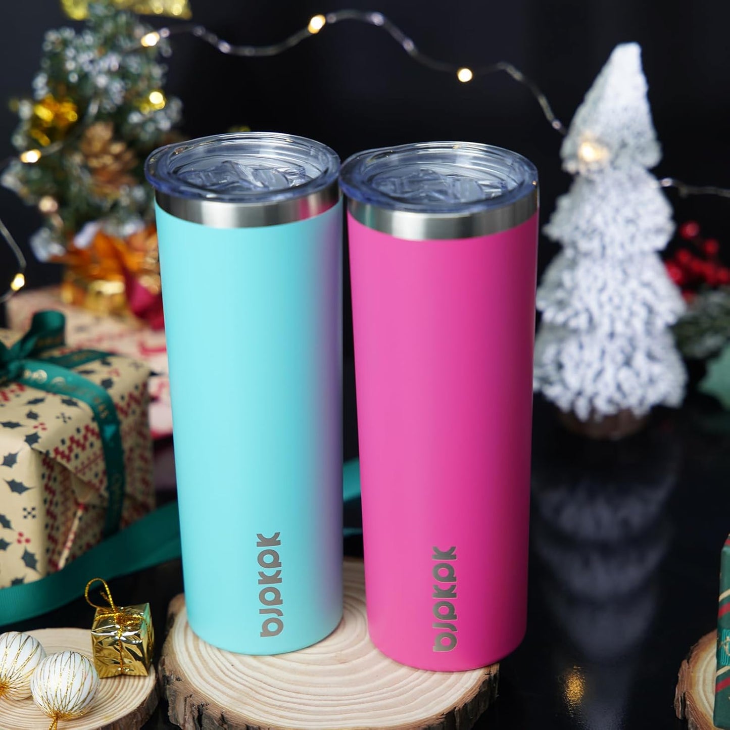 BJPKPK 2 Pack 20oz Skinny Tumblers with Lid Insulated Travel Coffee Cup Stainless Steel Thermal Mug,Turquoise,Pink