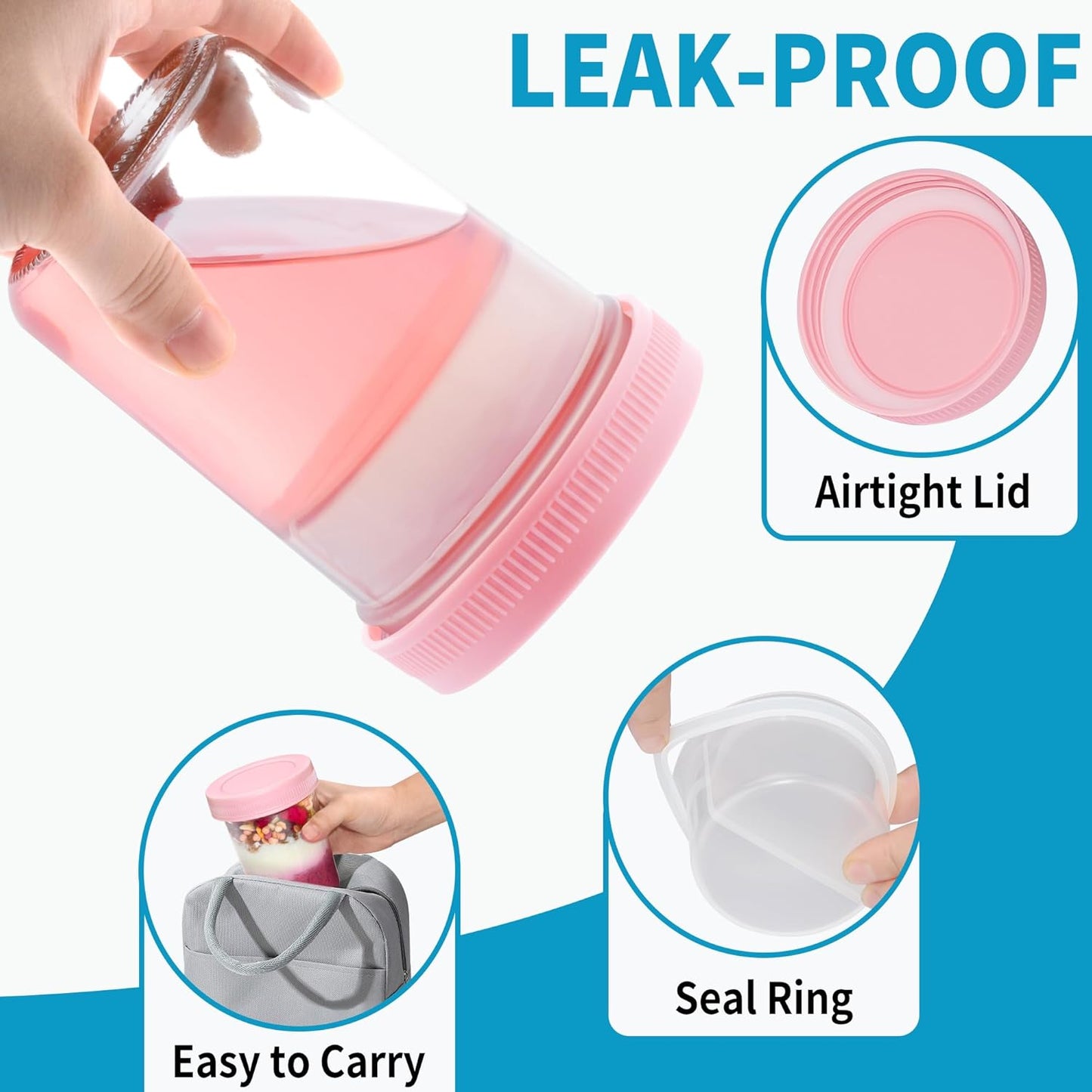 16 oz Overnight Oats Containers with Airtight Lids - 4-Pack Leak-Proof Wide Mouth Mason Jars & Divided Cups for Dried and Wet Foods, Glass Jars for Chia Pudding, Salad, Snacks, and Yogurt