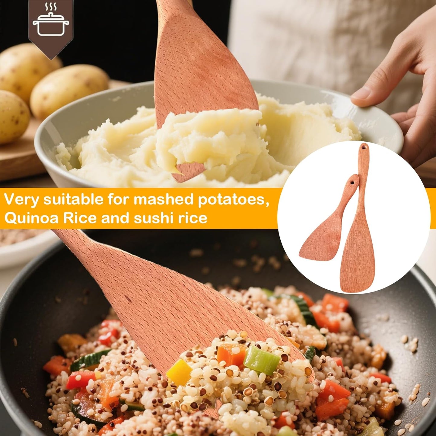 Wooden Spatula for Cooking, 12Inch Wooden Rice Paddle with Long Handle for Cooking, Stirring, Flipping, Serving, Scraping